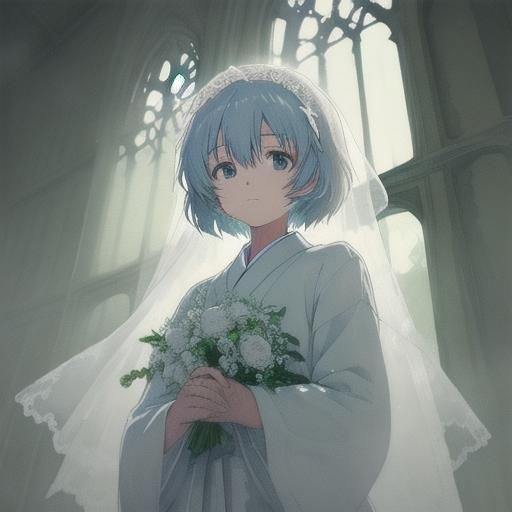 Rei Ayanami in Wedding Dress, Watercolor Anime Portrait
