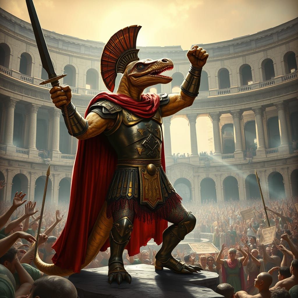 Victorious Hybrid Creature in Roman Colosseum