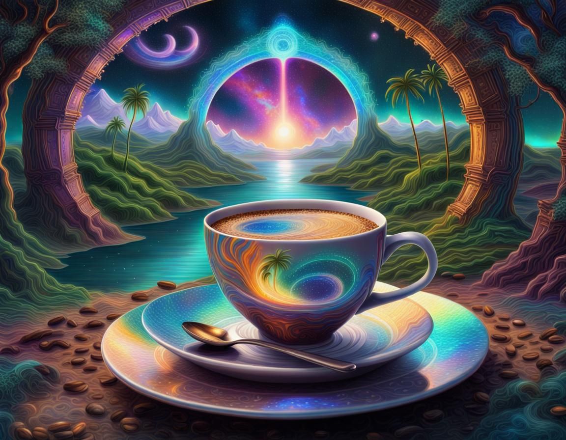 Astral Gateway to Paradise with Coffee, Holographic Illustra...