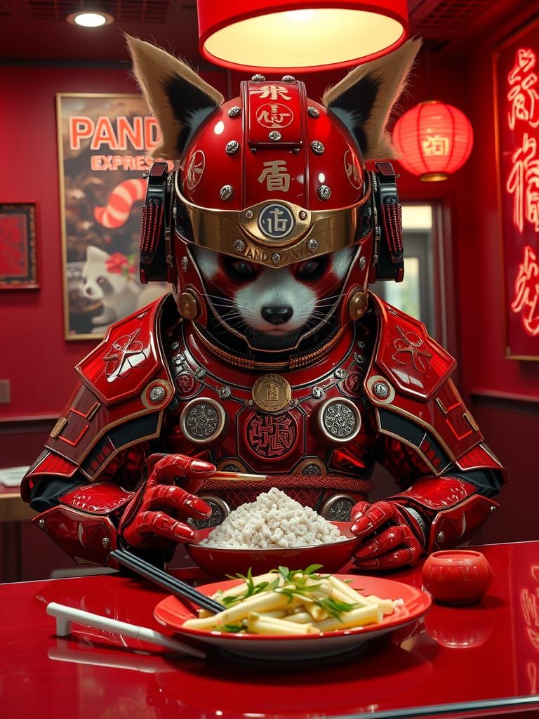 Steampunk Samurai Robot Red Panda in Detailed Macro Photogra...