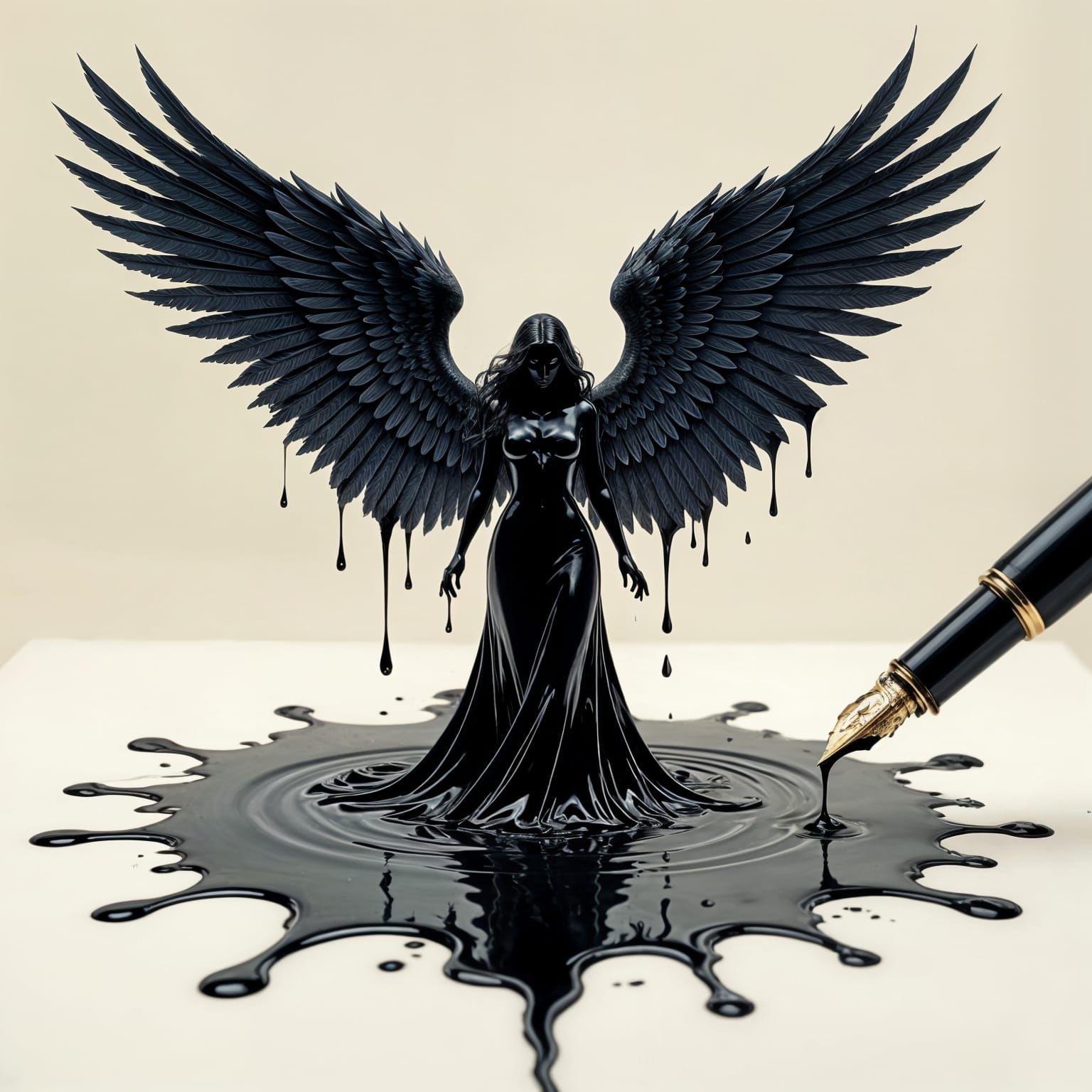 Ink Angel Rises from Spreading Puddle on Paper