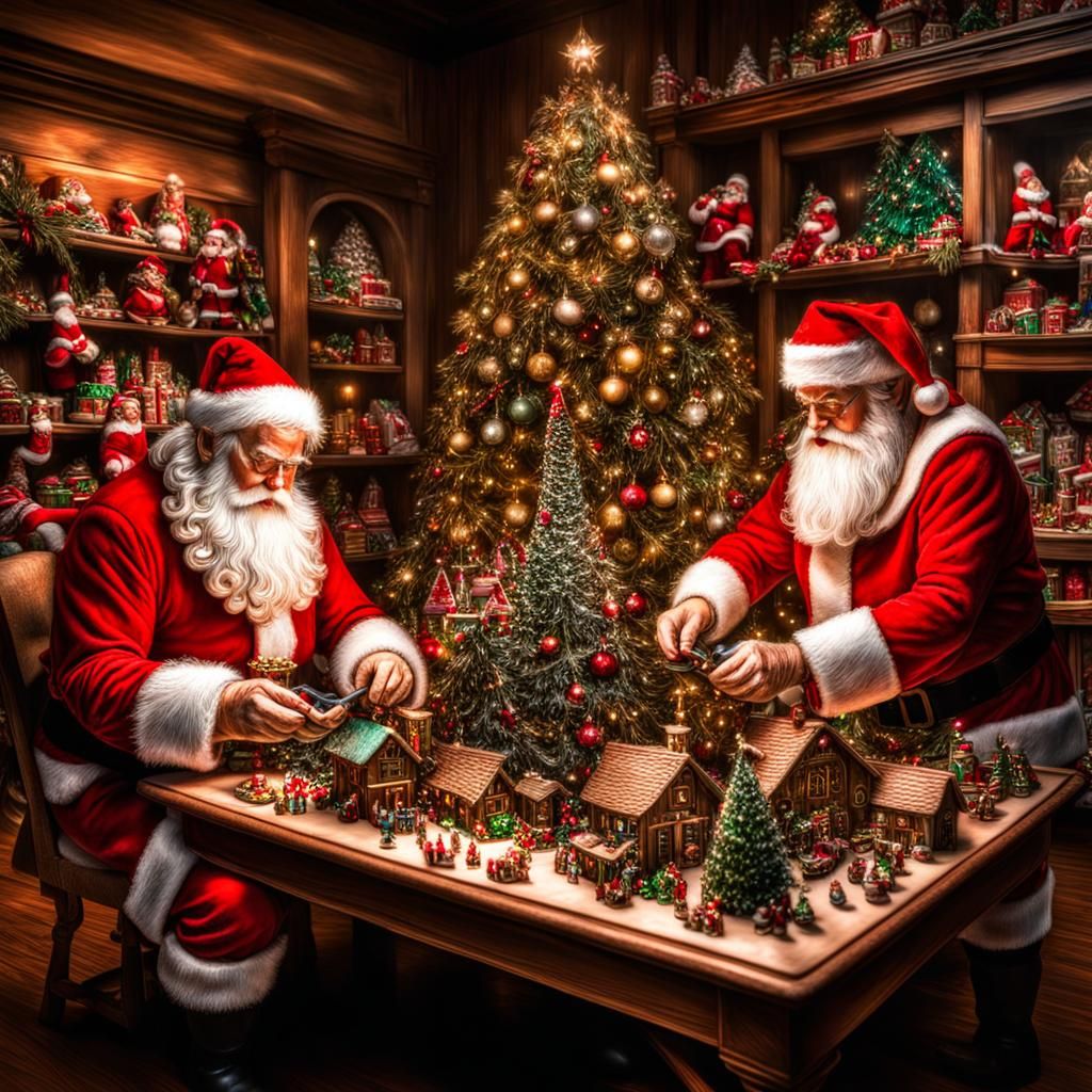 Santa Claus and Elves Arranging Toys for Christmas
