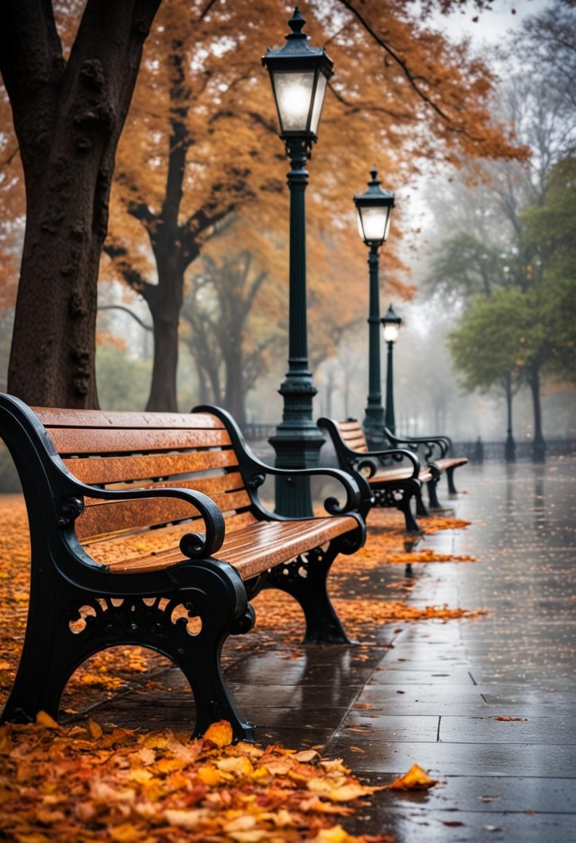Rainy Autumn Day in City Park