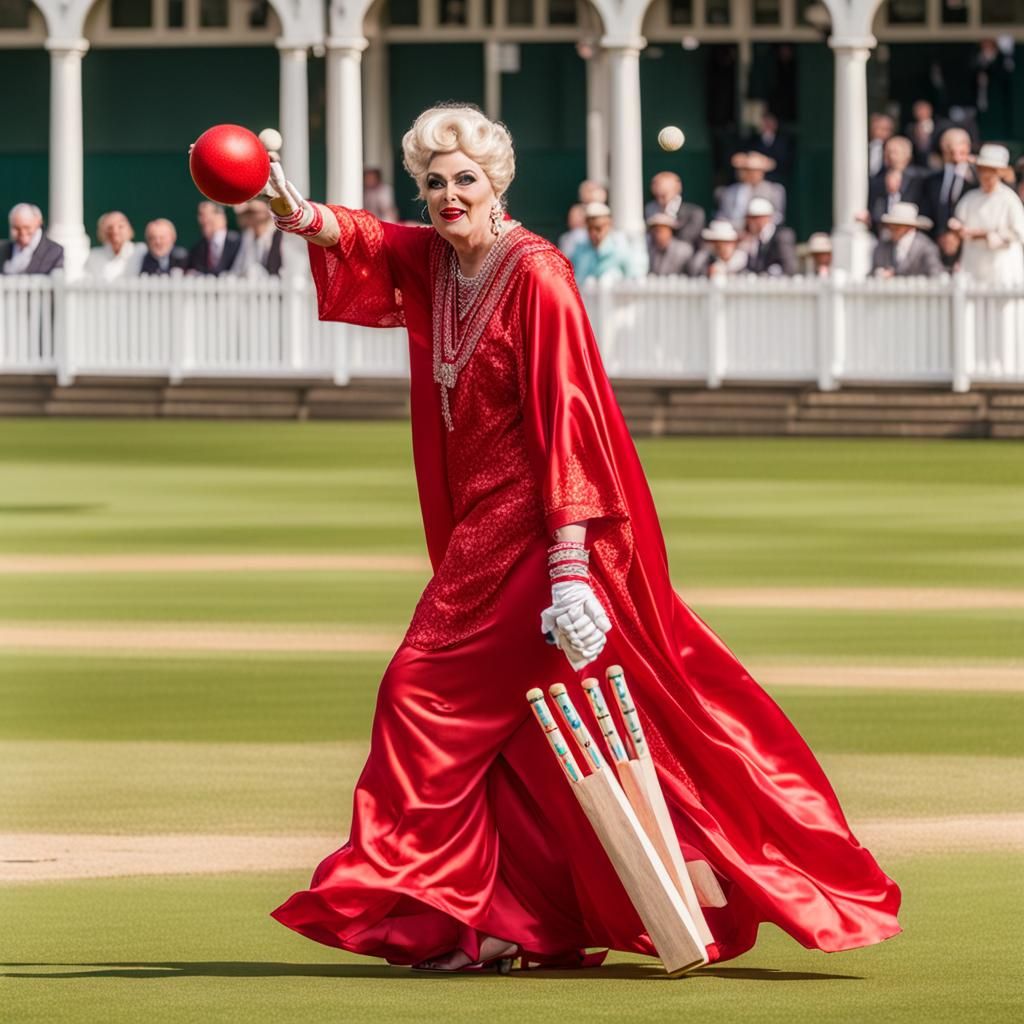 Drag Queen Plays Cricket at Lord's in Red Caftan
