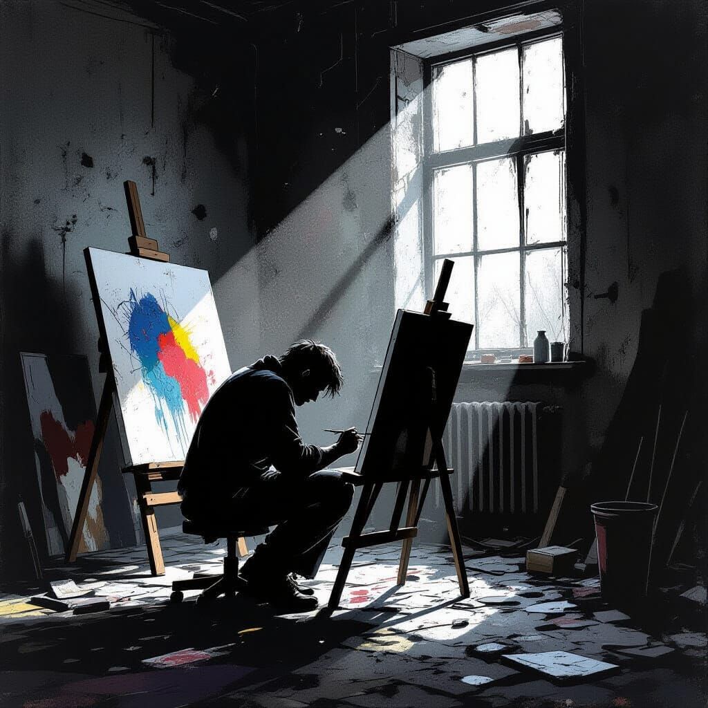 Artist's Solitude in Gritty Comic Style Studio