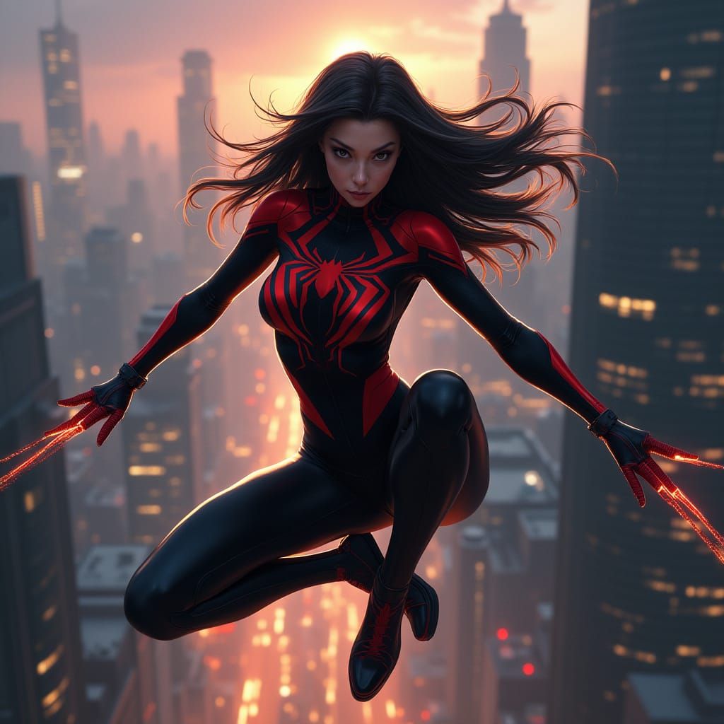 Spider-Woman Swings Through Dystopian Cityscape