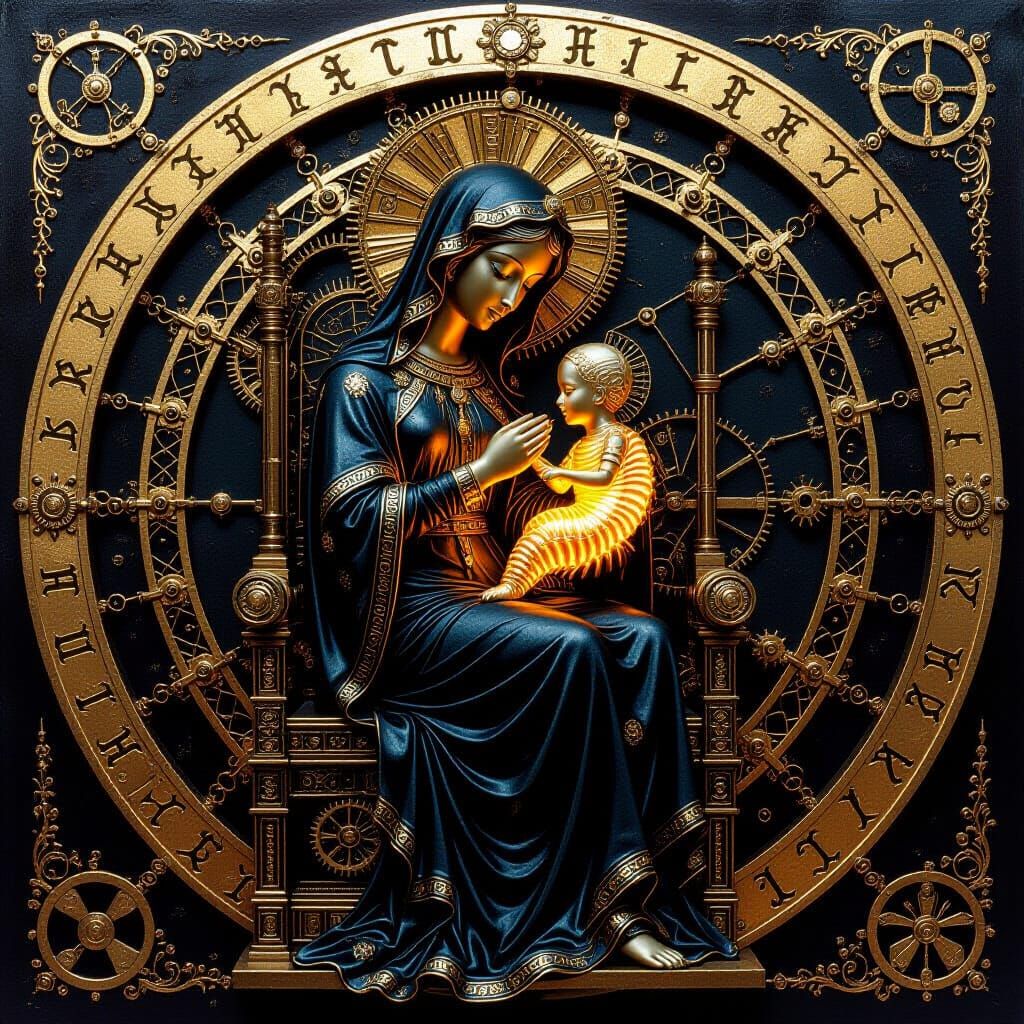 Bronze Madonna Icon with Steampunk and Sumerian Elements