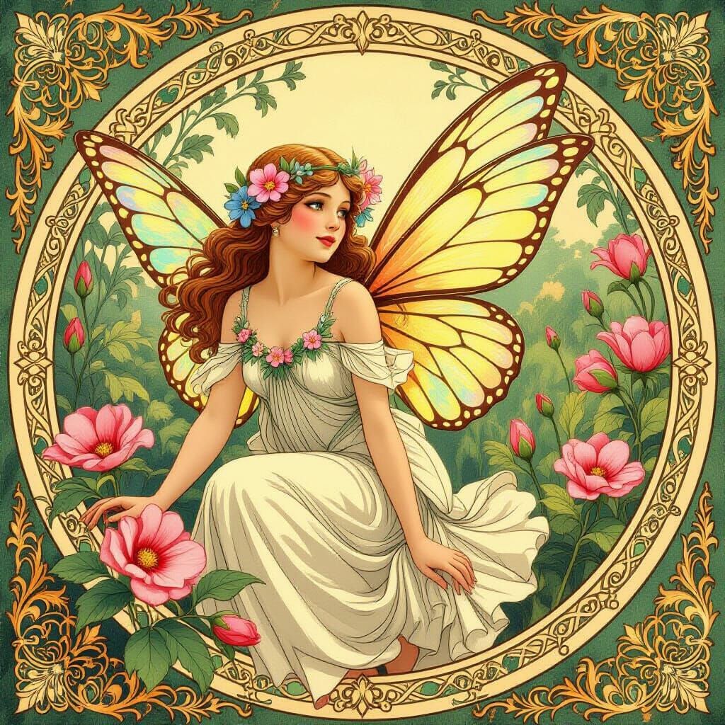Art Nouveau Summer Fairy in Golden Hour Light