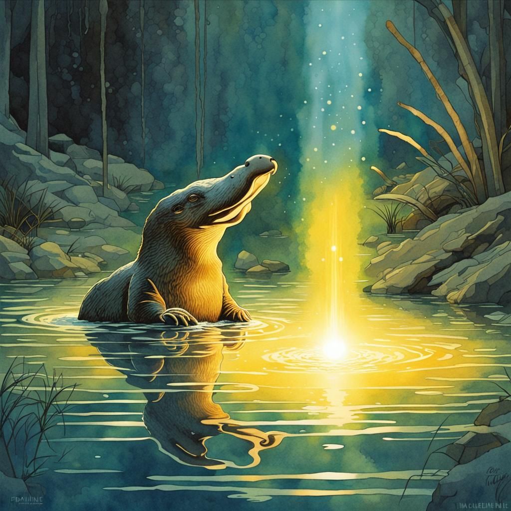 Glowing Platypus in Mystical Watercolor Art