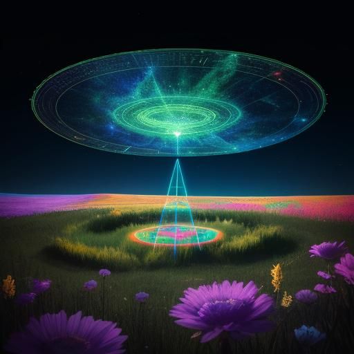 Cosmic Crop Circle in Meadow: Astral Holographic Art