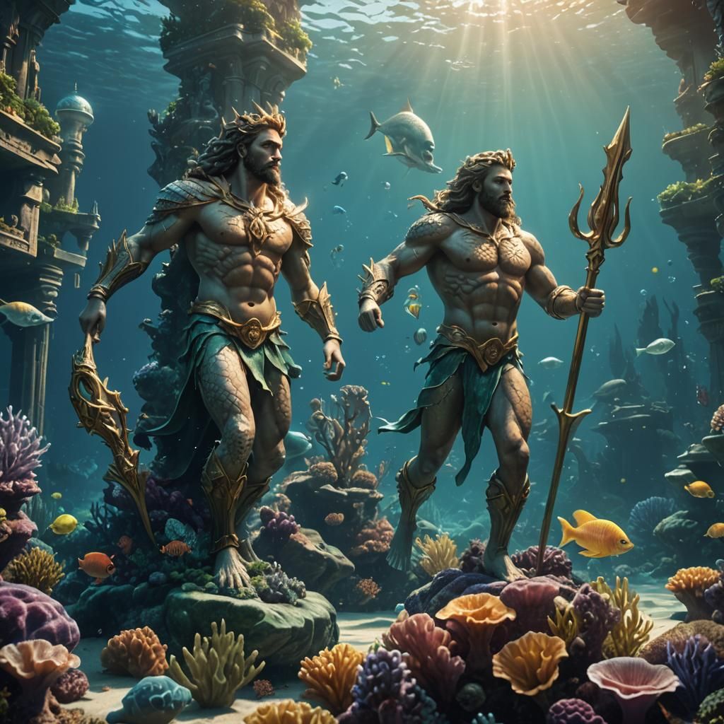 A hyper realistic underwater image of Atlantis with all of the imagined life around it, including Merman with glowing tr...