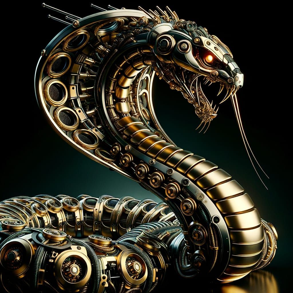 Mechanical Cobra with Golden Metal Plating in Futuristic Lan...