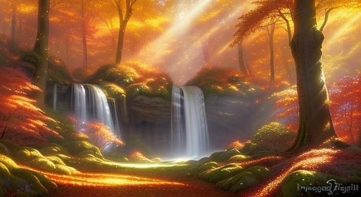 Enchanted Autumn Forest with Glittering Waterfall