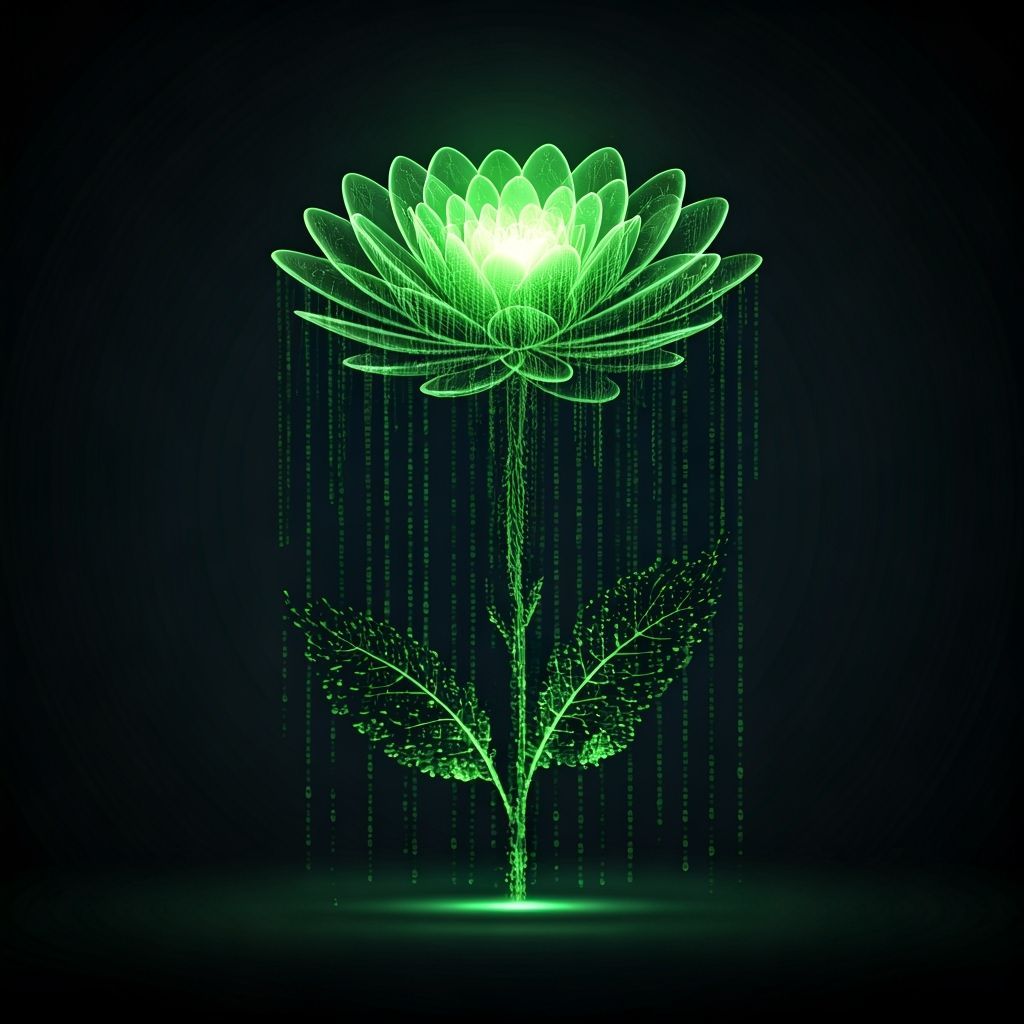 Digital Flower From Flowing Binary Code