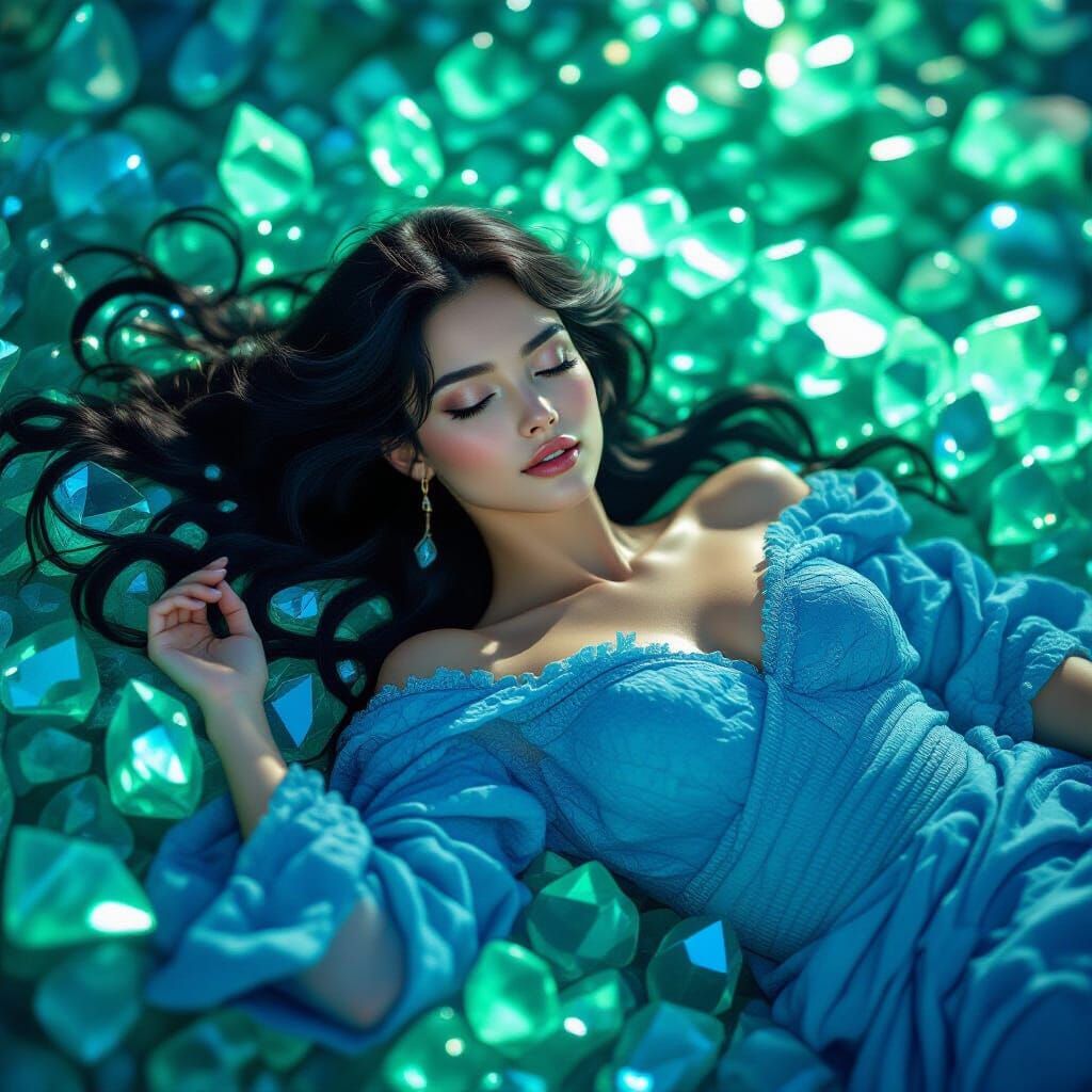 Ethereal Woman on Crystalline Bed, Fantasy Art