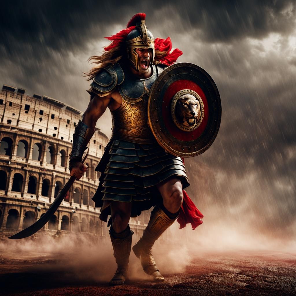 Gladiator and Lion Fight in Roman Coliseum