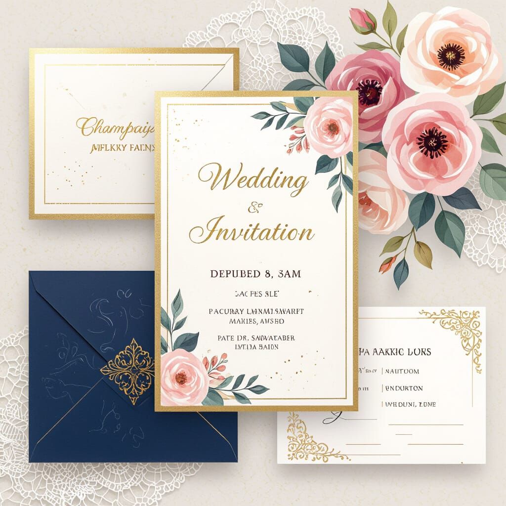 Elegant Wedding Invitation Card with Gold and Florals