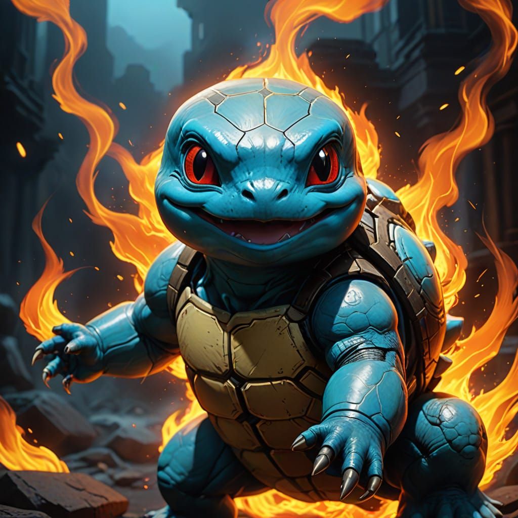 Demonic Squirtle Portrait in Cyberpunk Style