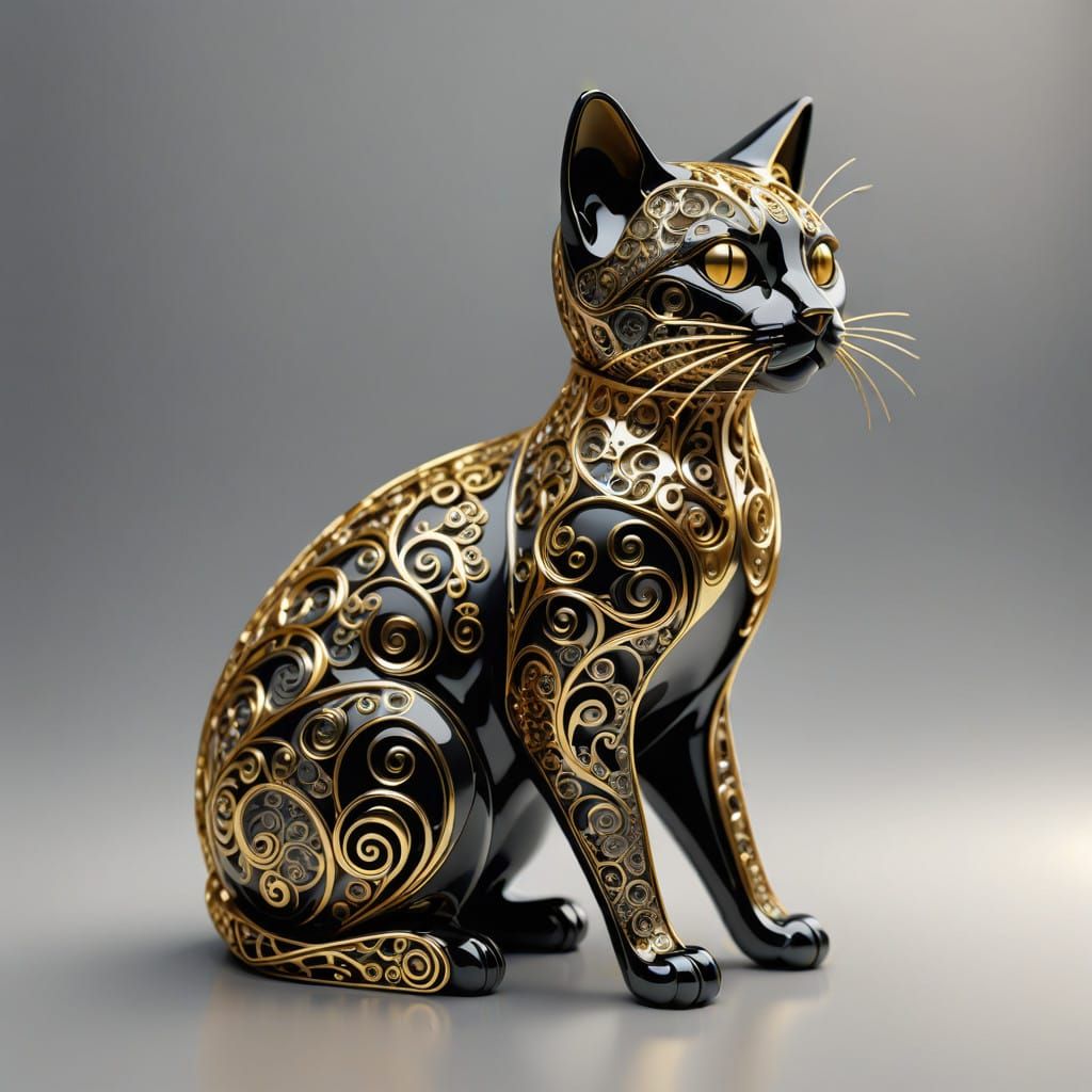 Gold and Anthracite Cat Figurine in Minimalist Avant-Garde S...