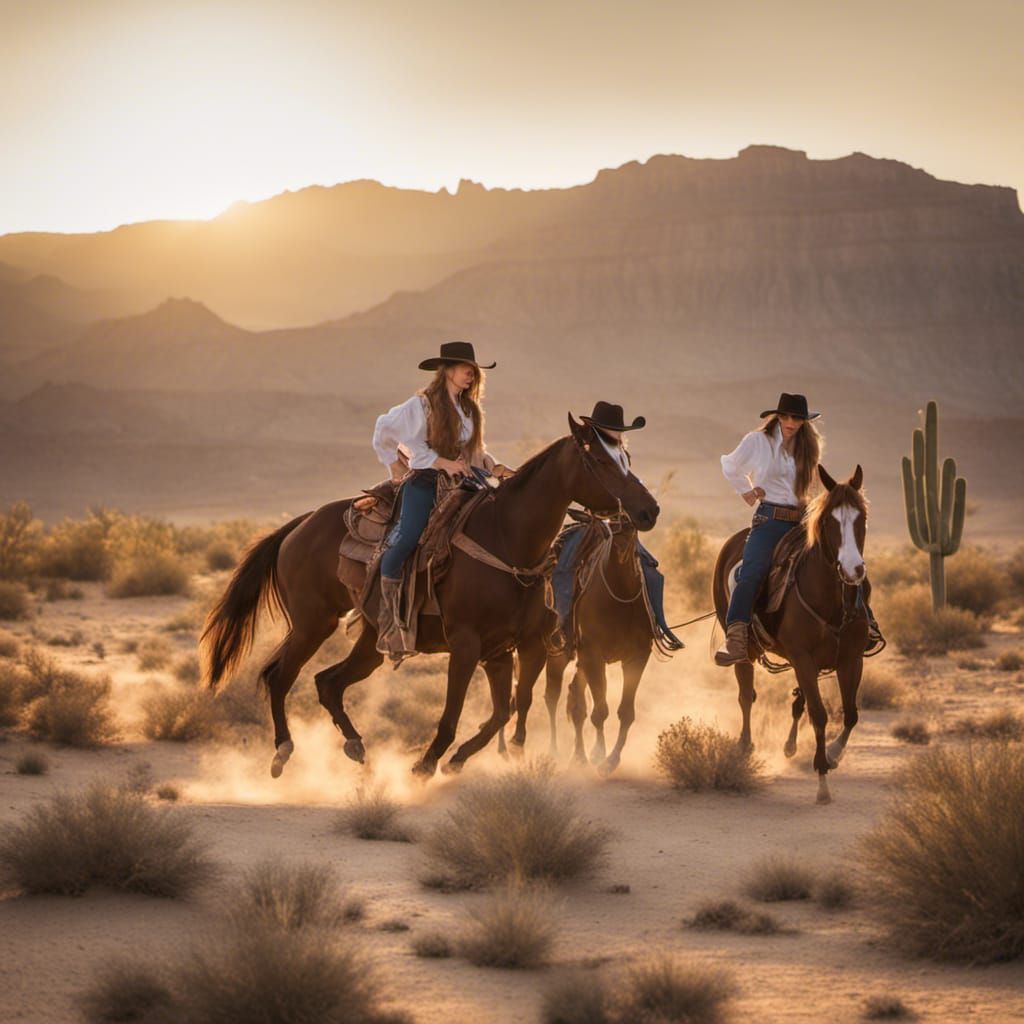 Cowgirls Entertain Cowboy in Golden Desert Light