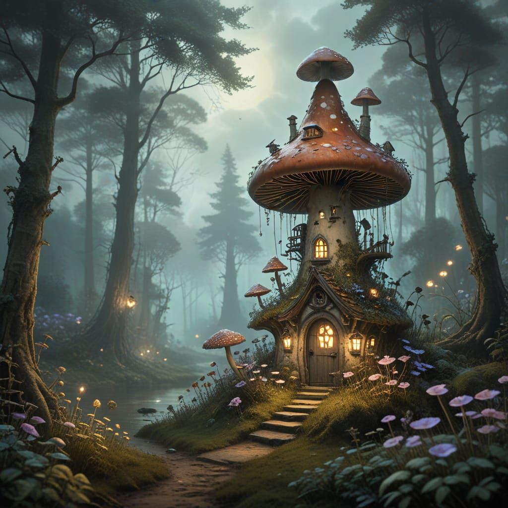Enchanted Forest: Mushroom Birdhouse in Matte Painting Style