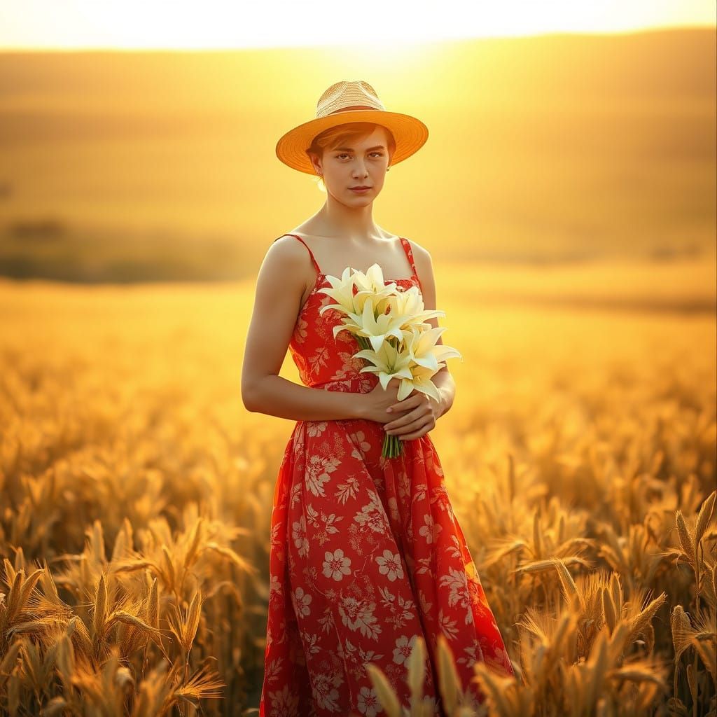Graceful Masculine Figure Adorns Vibrant Floral Dress in Sun...