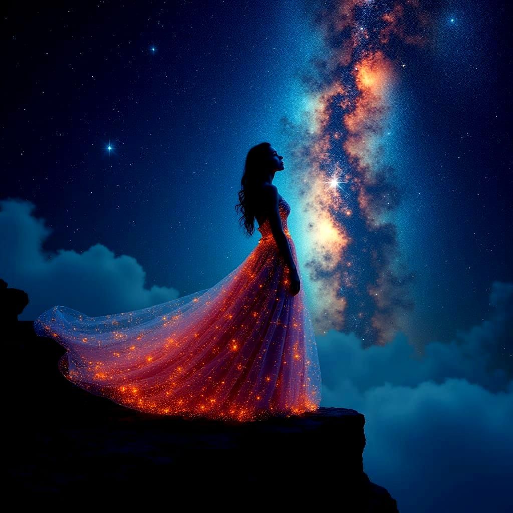 Woman Stands on a Cliff, Gazing at Celestial Galaxies in the...