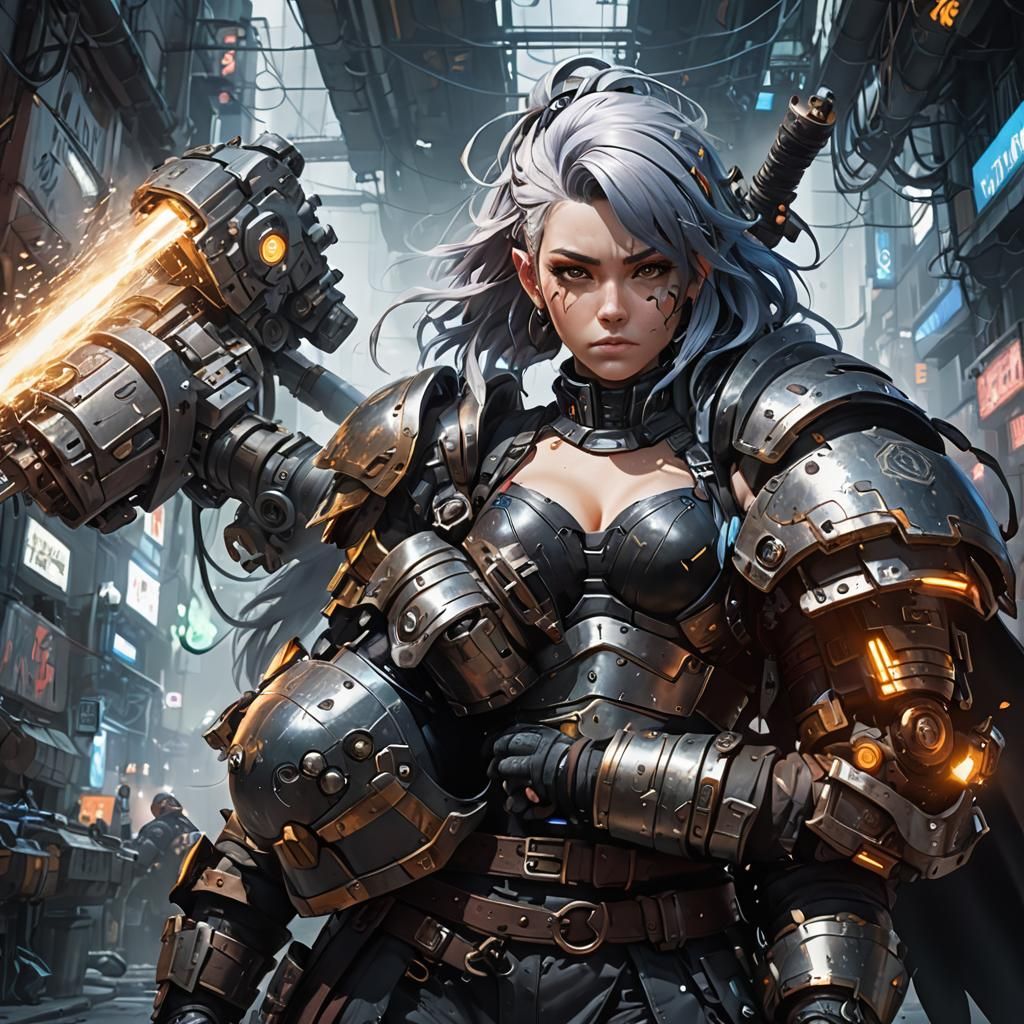 Cyberpunk Dwarf Warrior in Anime Style