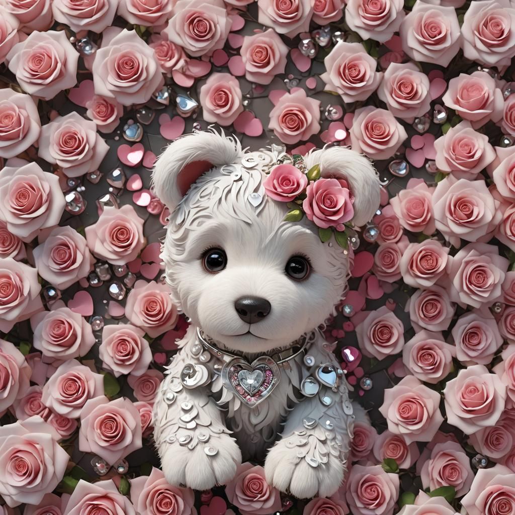 Adorable Puppy with Crystal Rose, 8K Render