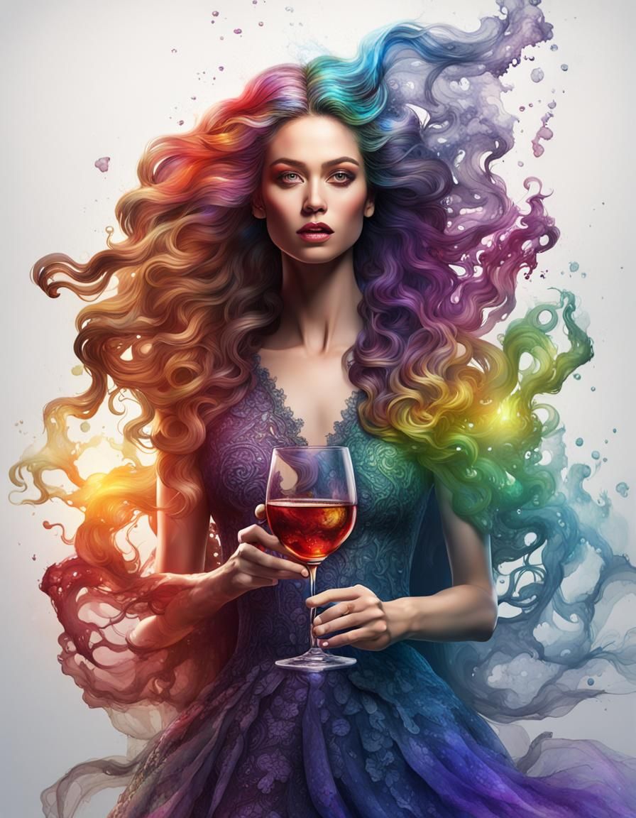 Rainbow Woman with Wine, Alcohol Ink Splash Art