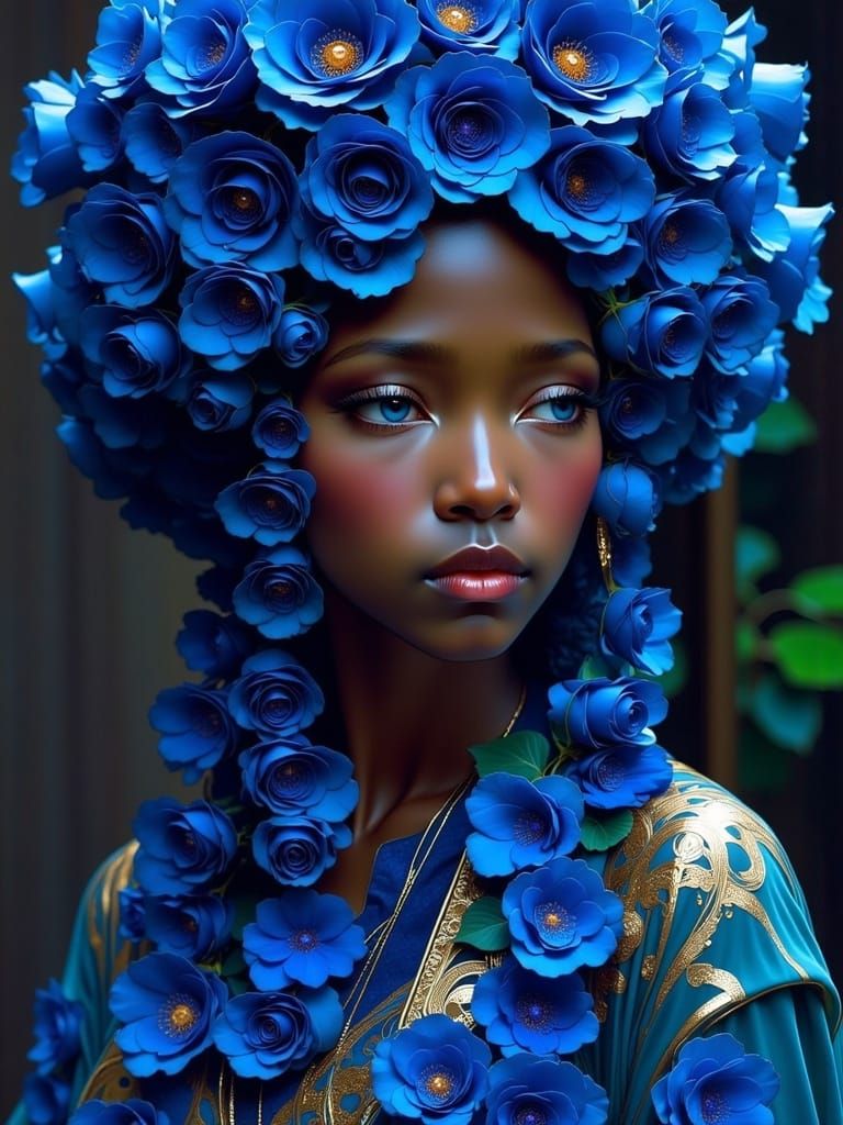 Art Nouveau Portrait of Woman with Cobalt Roses