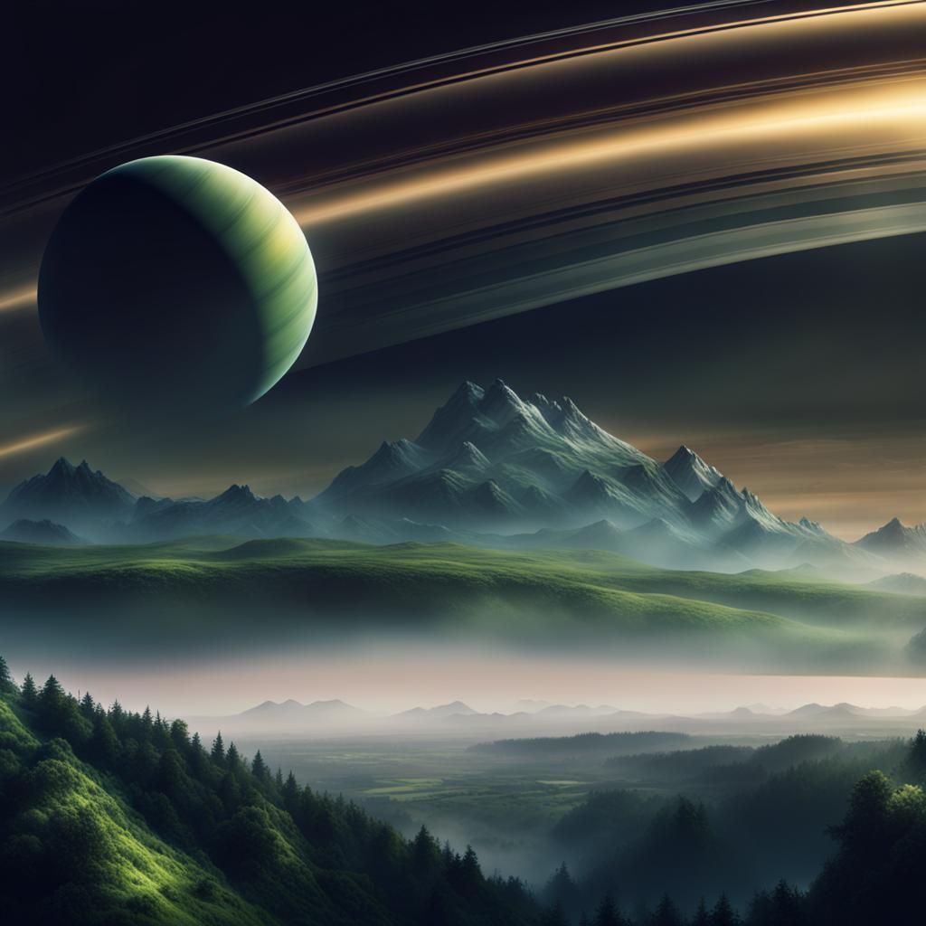 Rings Over Verdant Mountain Landscape: Digital Matte Paintin...