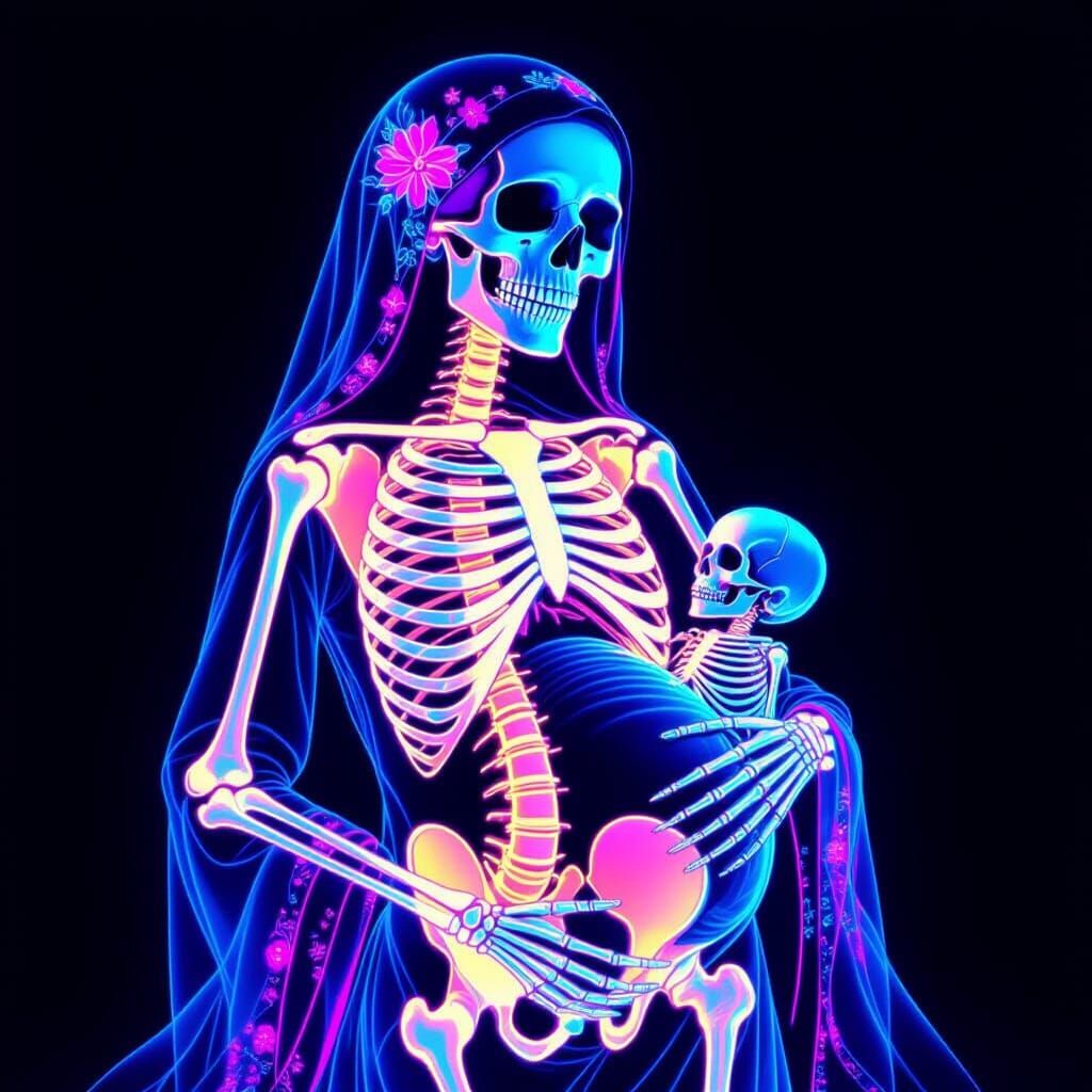 Psychedelic Neon X-Ray of Pregnant Skeleton