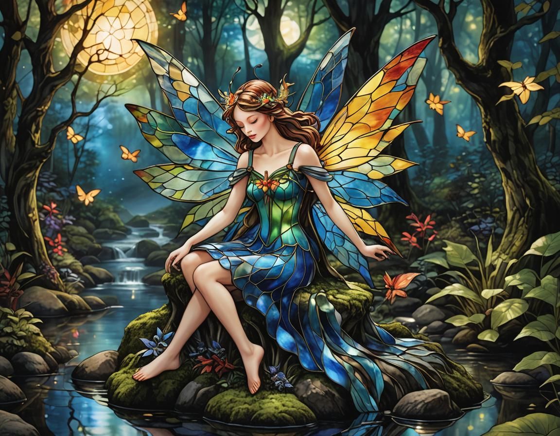 Luminous Stained Glass Fairy in Enchanted Forest