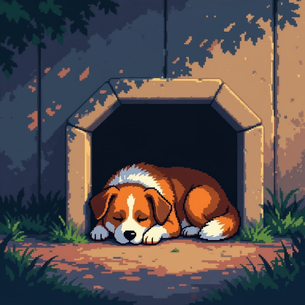 Sleepy Dog in Doghouse: Pixel Art Illustration