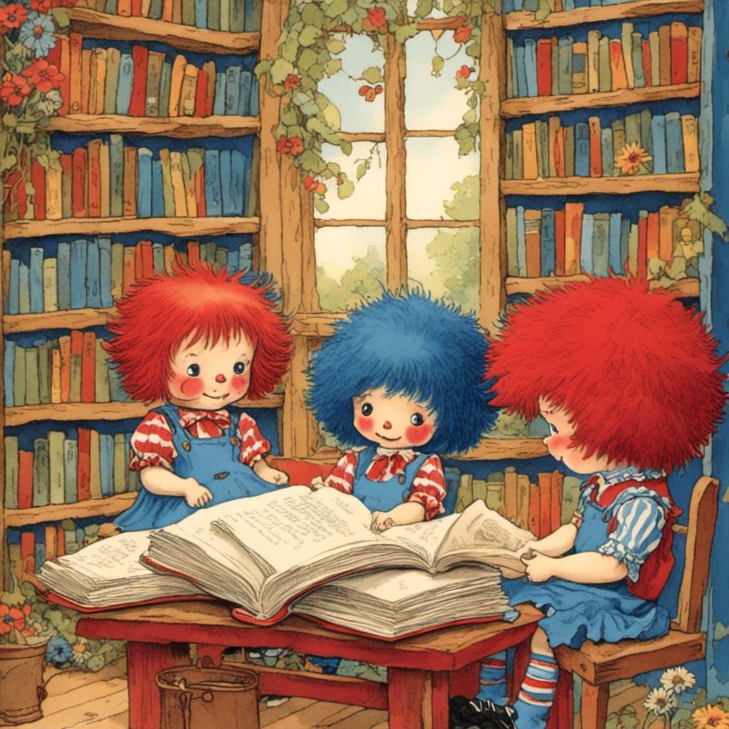 Raggedy Ann and Andy in Library with Wildflowers