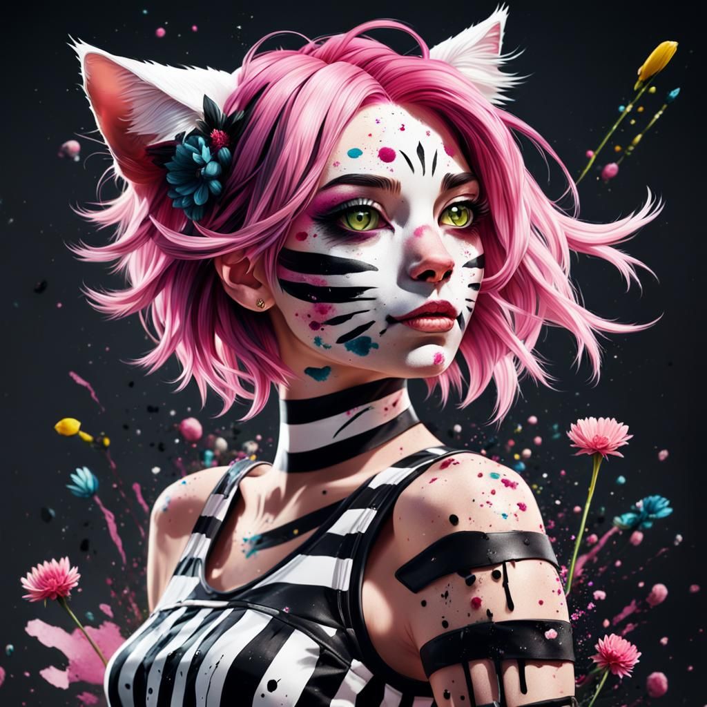 Hyperrealistic Cat Girl in Wonderland Style as Splash Art
