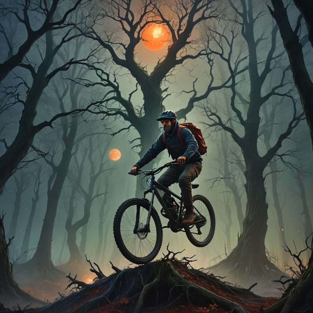 Man on Bike in Spooky Forest, Fantasy Art
