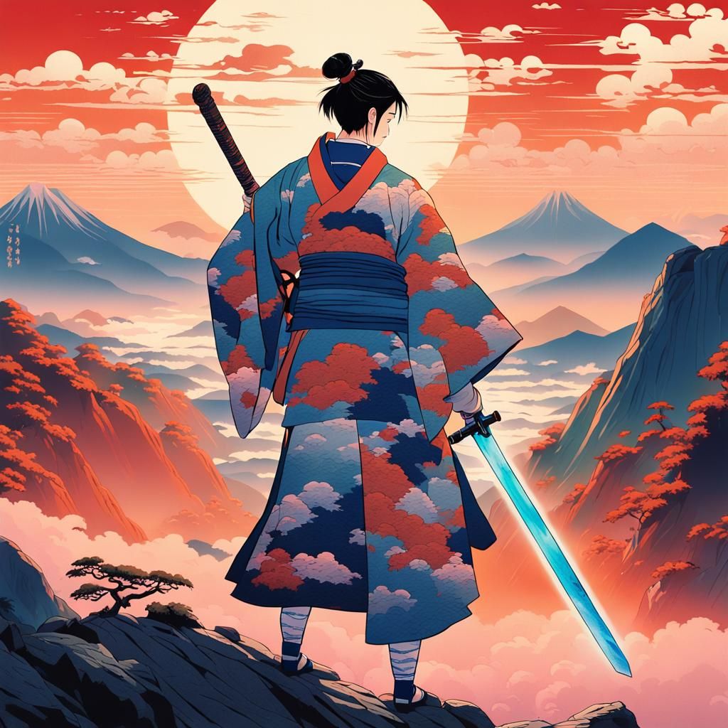 Warrior with Glowing Sword in Ukiyo-e Style
