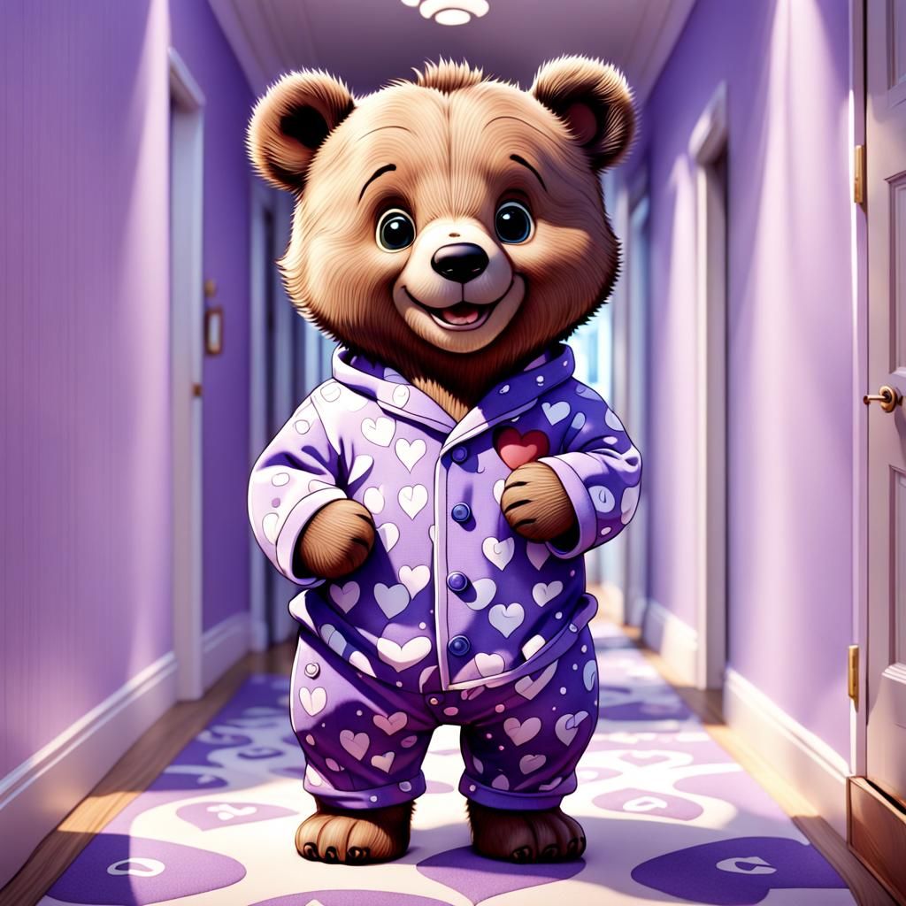 Cartoon Bear Cub in Lavender Pajamas