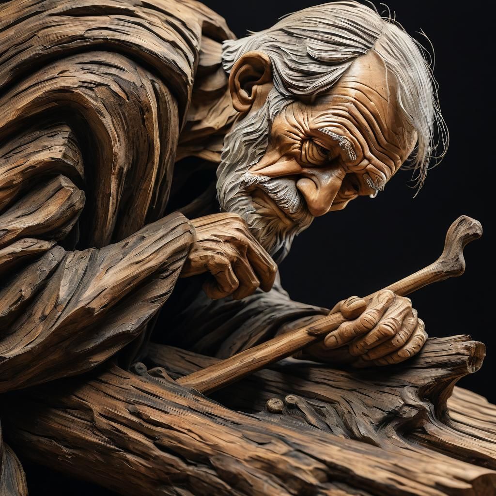 Realistic Wooden Sculpture of an Old Man