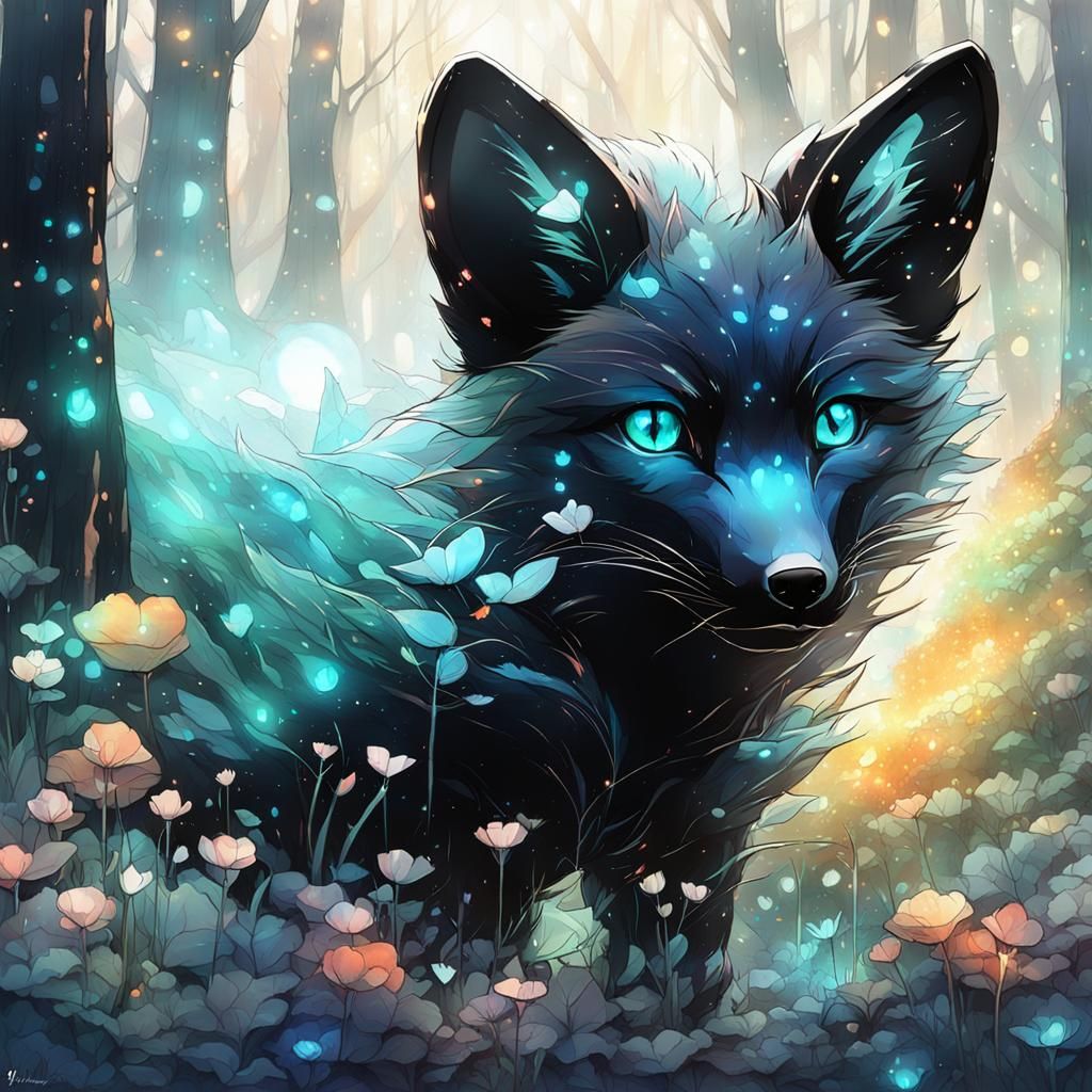 Stained Glass Fox Cub in Enchanted Forest