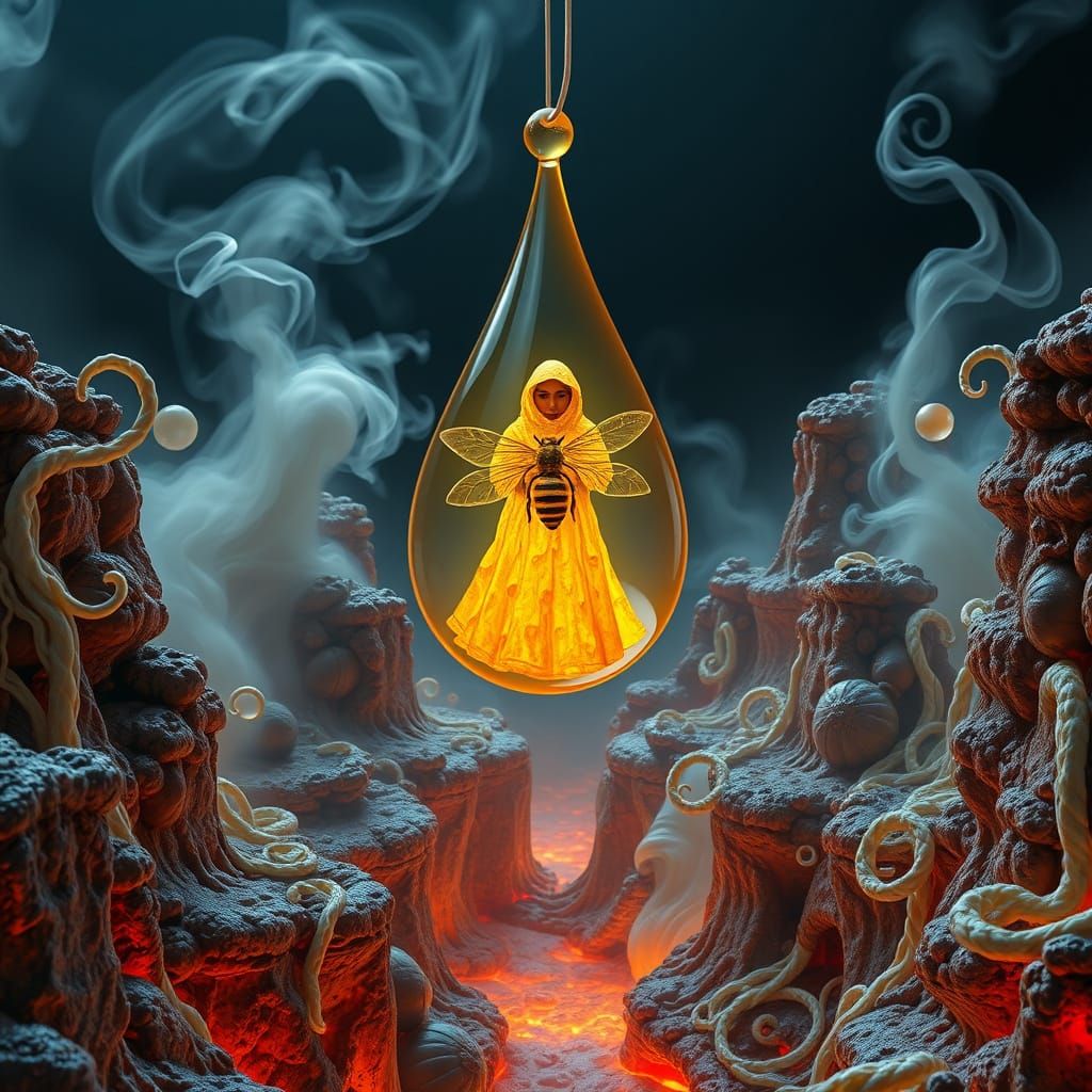 Honey Beekeeper in Amber Droplet, Surreal Digital Art