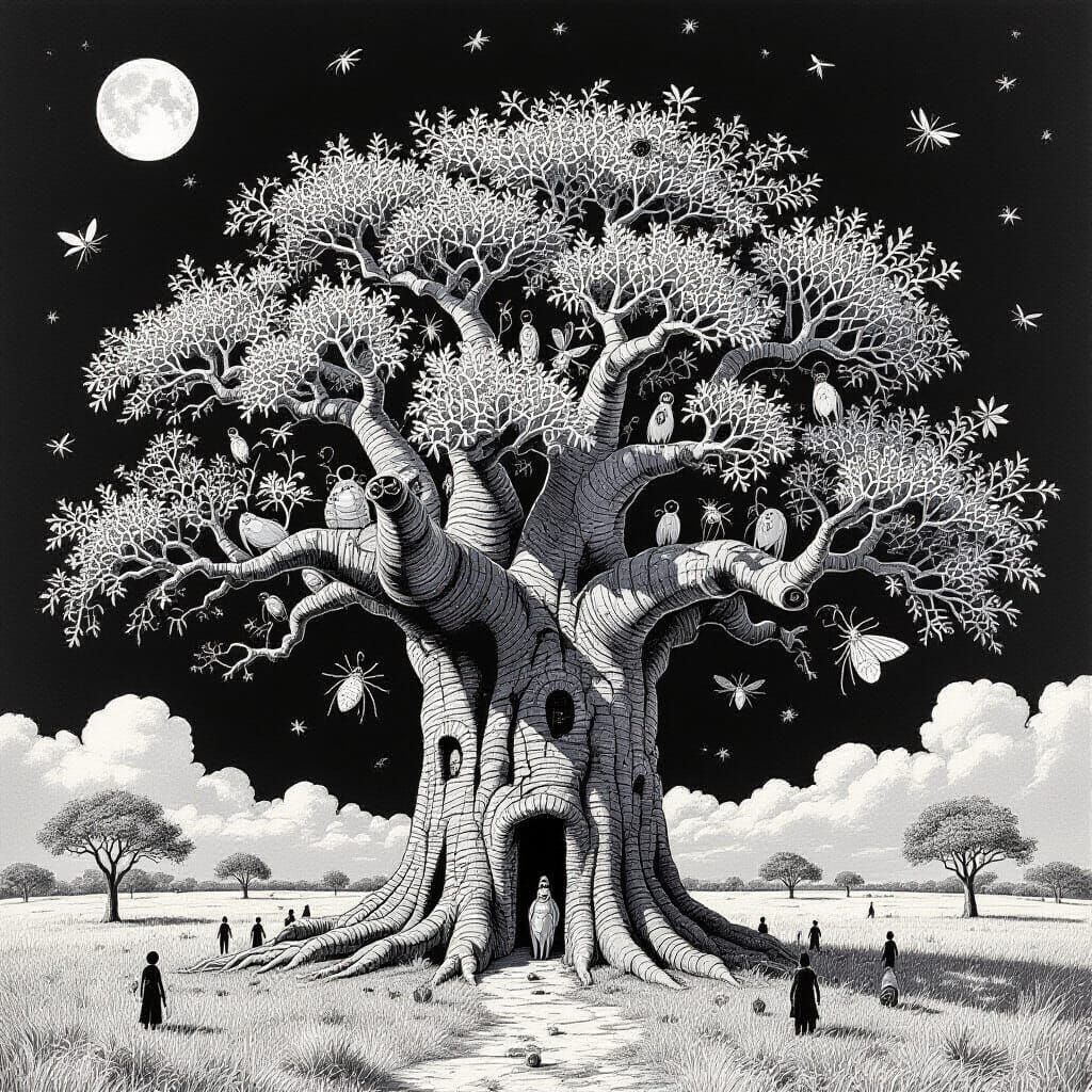 Baobab Tree Teeming with Life in Black and White