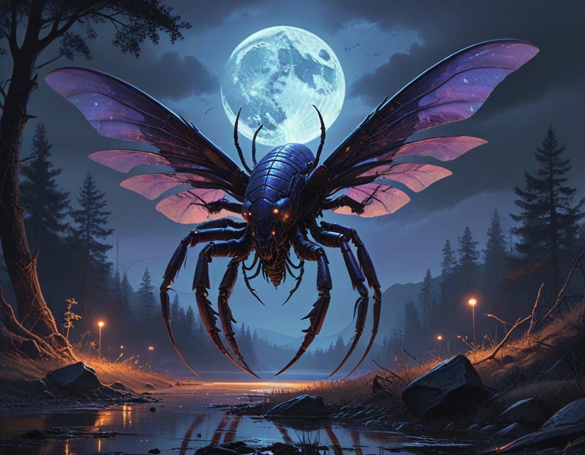 Majestic Biomechanical Moth-Serpent Unveils Twilight Sky