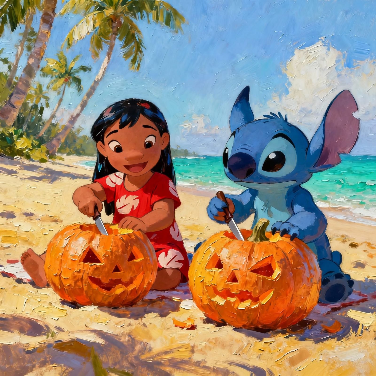 Lilo and Stitch Carving Pumpkins on Hawaiian Beach