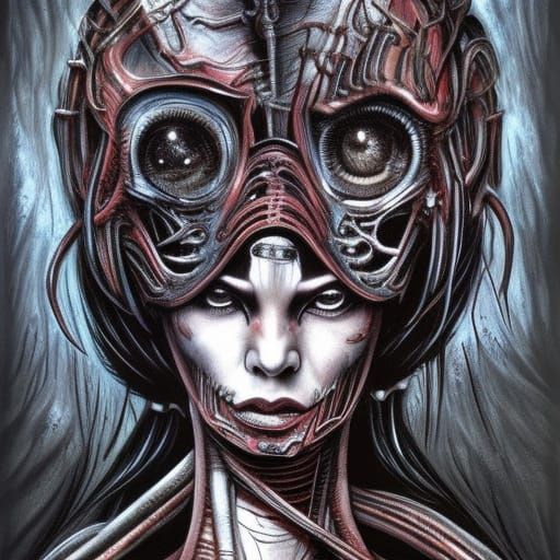 Biomechanical Cyborg Assassin in Sci-Fi Horror Style