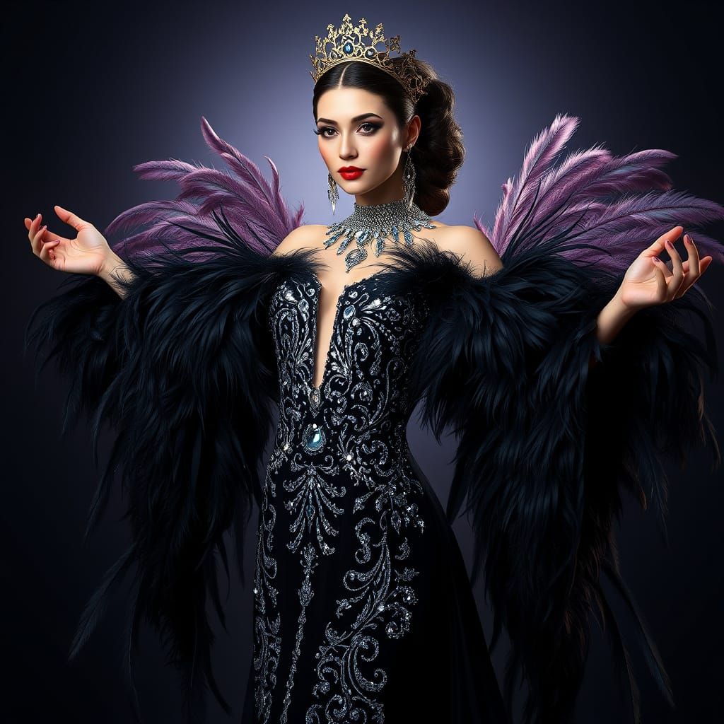 Regal Woman in Lavish Evening Gown with Ostrich Feathers