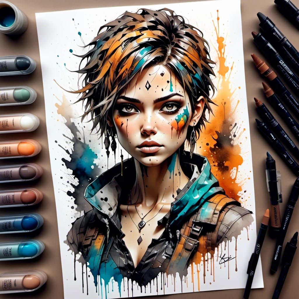 Attractive Woman in Colorful Ink Splatter Sketch