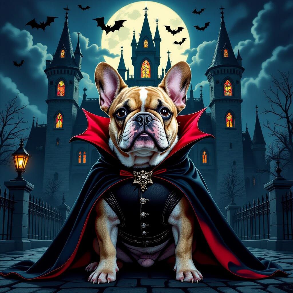 French Bulldog in Dracula Costume Before Gothic Castle